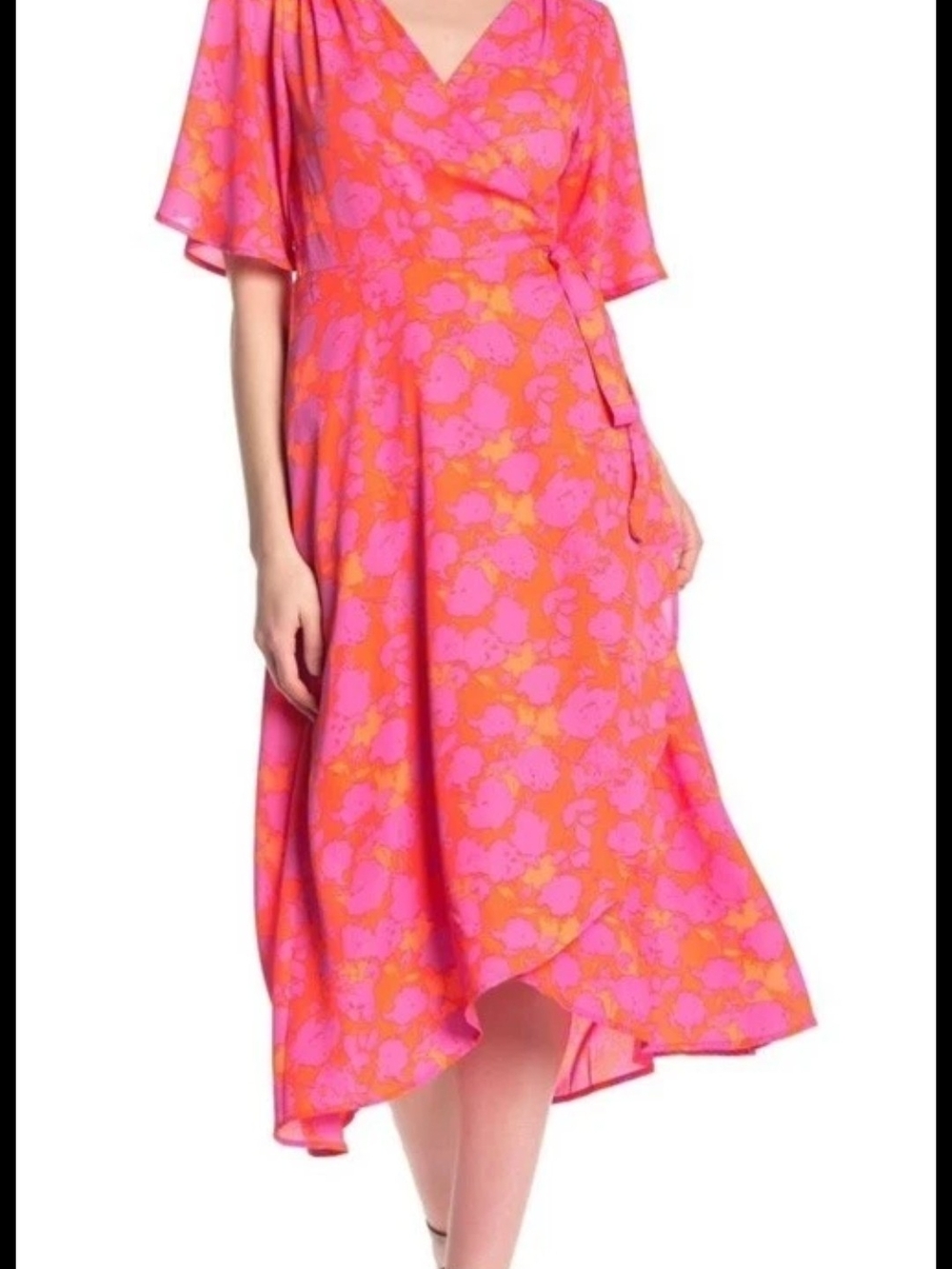 bobeau Orna Print Purple Pink and Orange Floral High-Low Wrap Dress Size S